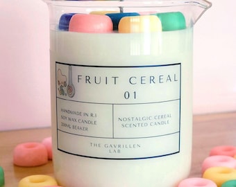 Cereal Candle: Fruit Loop Scented Beaker Candle, Breakfast Cereal Candle, Handmade Soy Candle, Fruit Cereal 01