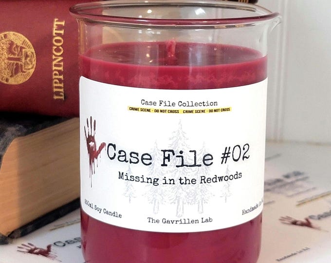 Crime Scene Soy Candle | Case File 02 | Missing in the Redwoods | Beaker Candle | Criminology | Forensic Science Gift | True Crime Theme