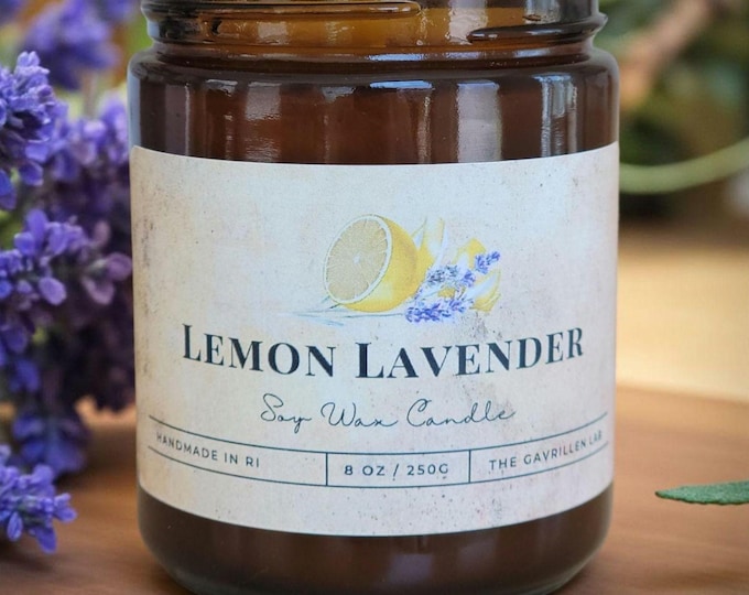 Lemon Lavender Soy Candle: 8oz Amber Jar with Black Lid, Aromatherapy Home Fragrance, Scented Soy Candle