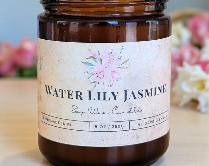 Water Lily Jasmine Soy Candle - 8oz Amber Jar Candle with Black Lid, Home Decor, Aromatherapy, Sweet Floral Scented Candle