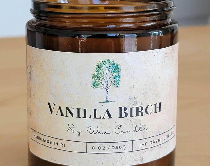 Vanilla Birch Soy Candle: 8oz Amber Jar and Black Lid, Non-Toxic, Aromatherapy, Nature Inspired Candle, Sweet and Woodsy Scented Candle