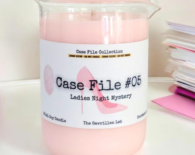 Crime Scene Soy Candle | Case File 05 Ladies Night | Mystery and Thriller Lover Decor | Pink Peony Prosecco Scented Candle | True Crime Gift