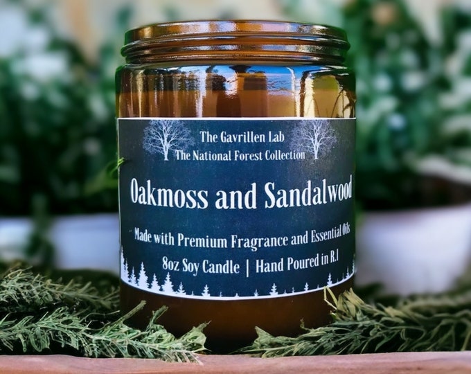 Oakmoss and Sandalwood Soy Candle | 8oz Amber Jar Candle | Container Candle | Candle Gift | Housewarming Candle | Non Toxic Soy Candle