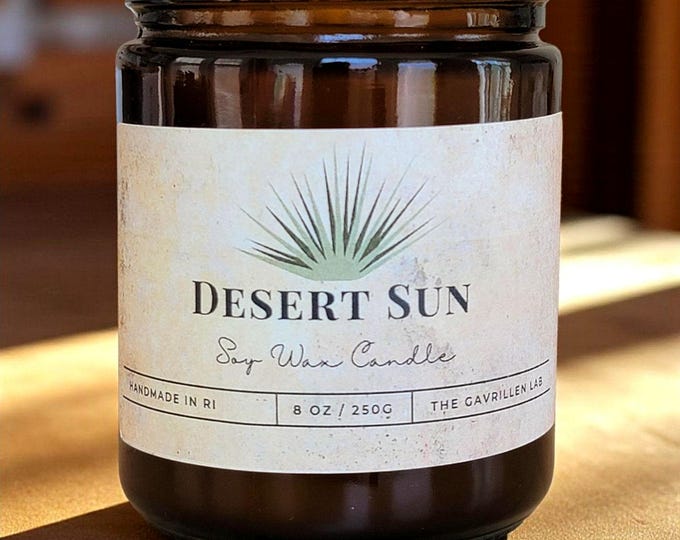 Desert Sun 8oz Soy Candle, Amber Jar Candle with Black Lid, Non-Toxic, Handmade Scented Soy Candle