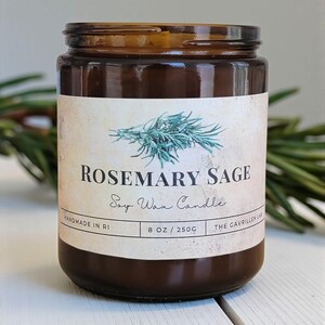 Rosemary Sage Soy Candle: 8oz Amber Jar Candle with Black Lid, Scented Candle, Home Decor, Herbal Scented Candle