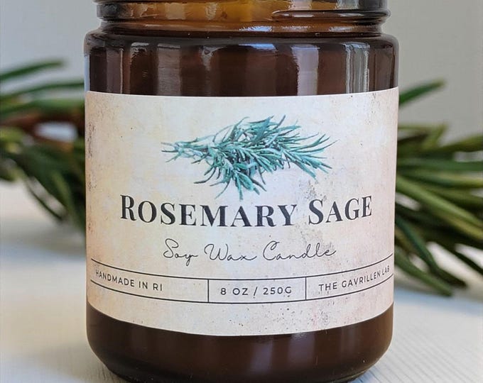 Rosemary Sage Soy Candle: 8oz Amber Jar Candle with Black Lid, Scented Candle, Home Decor, Herbal Scented Candle