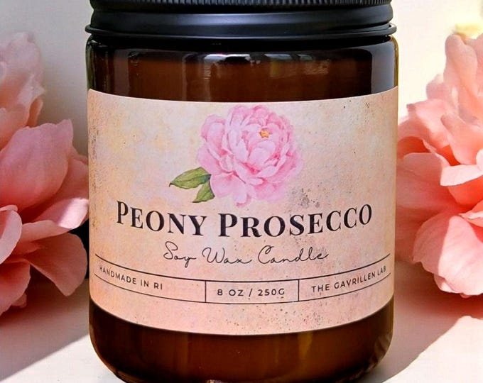 Peony Prosecco Candle: 8oz Soy Wax Candle with Black Lid, Home Fragrance, Non-Toxic Soy Candle, Aromatherapy, Housewarming, Home Decor
