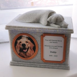 Forever Cherished, Golden Retriever Memorial Urn Box, Golden Retriever, ornate sleeping doggy urn, stylish dog urn.