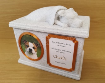 Forever Cherished, Staffordshire Bull Terrier Memorial Urn Box, ornate sleeping doggy urn, stylish dog urn.