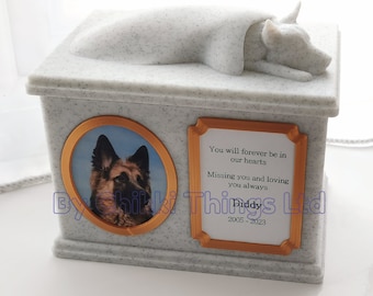 Forever Cherished, German Shepherd Memorial Urn Box, German Shepherd, ornate sleeping doggy urn, stylish dog urn.