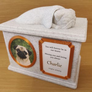 Urna conmemorativa para perro Pug, apreciada por siempre, urna para perro durmiendo adornada, elegante urna para perro.