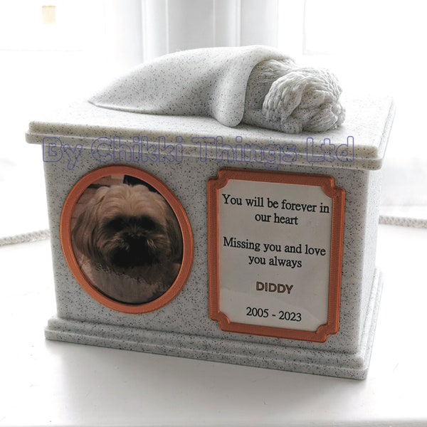 Forever Cherished, Lhasa Apso Memorial Urn Box, Lhasa Apso Urn, Shih Tzus Urn, ornate sleeping doggy urn, stylish dog urn.