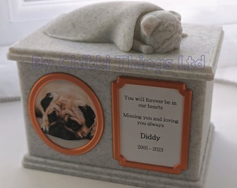 Forever Cherished, Pug Memorial Urn Box, Pug, ornate sleeping doggy urn, stylish dog urn.