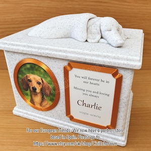 Forever Cherished, Dachshund Memorial Urn Box, ornate sleeping doggy urn, stylish dog urn.