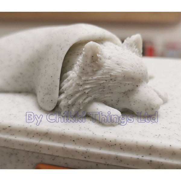 Forever Cherished, Japanese Spitz Memorial Urn Box, ornate sleeping doggy urn, stylish dog urn.