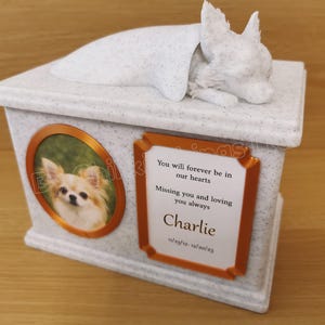 Forever Cherished, langharige/kortharige chihuahua-urnenkist, sierlijke urn voor slapende hond, stijlvolle hondenurn.