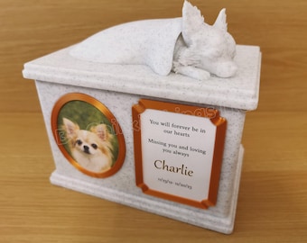 Forever Cherished, Long Haired/short-haired Chihuahua Memorial Urn Box, ornate sleeping doggy urn, stylish dog urn.