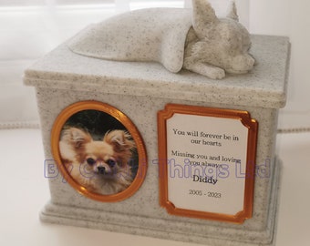 Forever Cherished, Long Haired/short-haired Chihuahua Memorial Urn Box, ornate sleeping doggy urn, stylish dog urn.