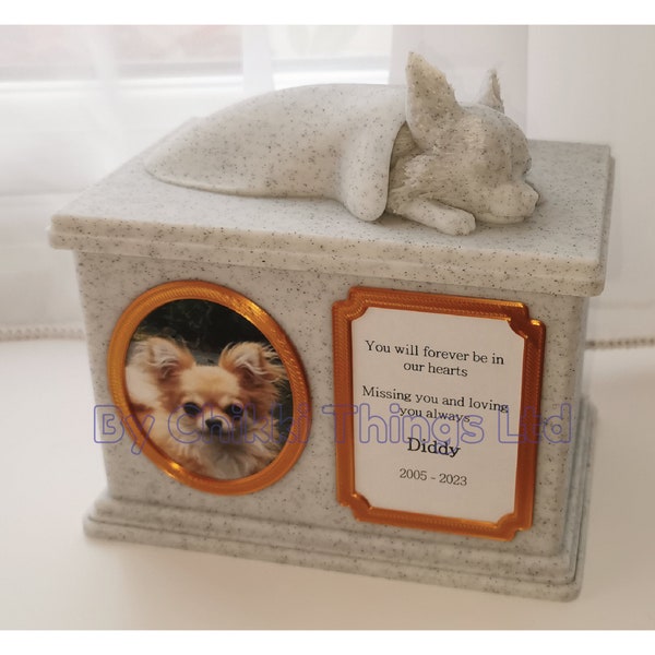 Forever Cherished, caja de urna conmemorativa de chihuahua de pelo largo/pelo corto, urna adornada para perros durmiendo, elegante urna para perros.