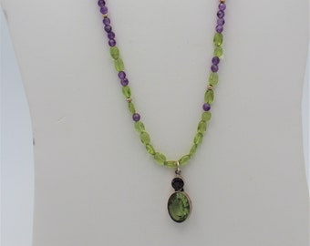 Amethyst and Peridot  Beaded Necklace with Pendant