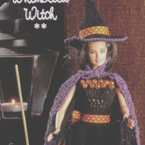 Vintage Fashion Doll Halloween Witch Outfit Crochet PDF Patrón Descarga digital Witch Barbie Knitting para Barbie Witch Doll Costume