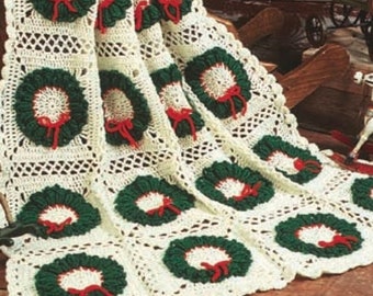 Vintage CHRISTMAS Holiday Wreath Crochet  Afghan Poinsettia Pattern PDF Instant Download Afghan Throw Blanket Bedspread