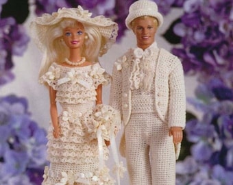 ALMOST FREE Vintage Fashion Doll Outfit Crochet PDF Pattern Download Bride Dress Groom Suit Teenage Doll Thread Barbie Apparel