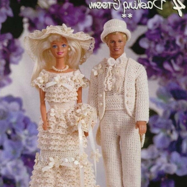 PRESQUE GRATUIT vintage Fashion Doll Outfit Crochet PDF Pattern Télécharger Robe de mariée Costume de marié Teenage Doll Thread Vêtements Barbie