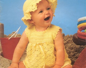 Vintage  Baby Crochet Summer Dress an Sun Hat Pattern Pdf Instant Download Easy 30-38 cm chest