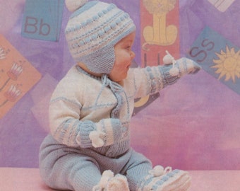 ALMOST FREE Vintage Baby Suit Knitting Pattern Clothing Set  Knitted Newborn Pram Coat Helmet Leggings Mittens PDF  Download 18 - 21 "