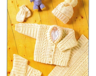 CUTE Baby Aran Preemie Set Knitting Pattern Baby Aran Jacket Scarf Hat Mittens Blanket  12-22 inch
