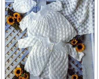ALMOST FREE Vintage Baby Clothing Set Knitting Pattern Knitted Dress Bonnet Booties PDF Instant Download  Chest Size 16-22  Double Knit