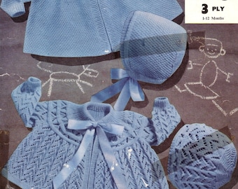 Almost Free Vintage Baby Matinee Coats Bonnets Knitting Patterns   1-12 months Easy 3 Ply