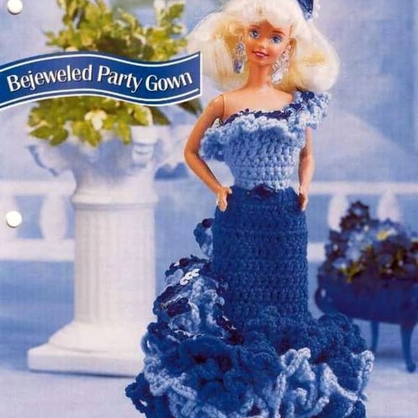 Vintage Fashion Doll  Outfit Crochet Pattern Pdf Instant Download Bejewelled Party Dress Evening Gown Teenager Doll Thread