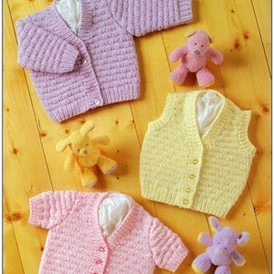 CUTE Baby Aran Waistcoat and Cardigans Knitting Patterns Easy to follow 12-22 chest