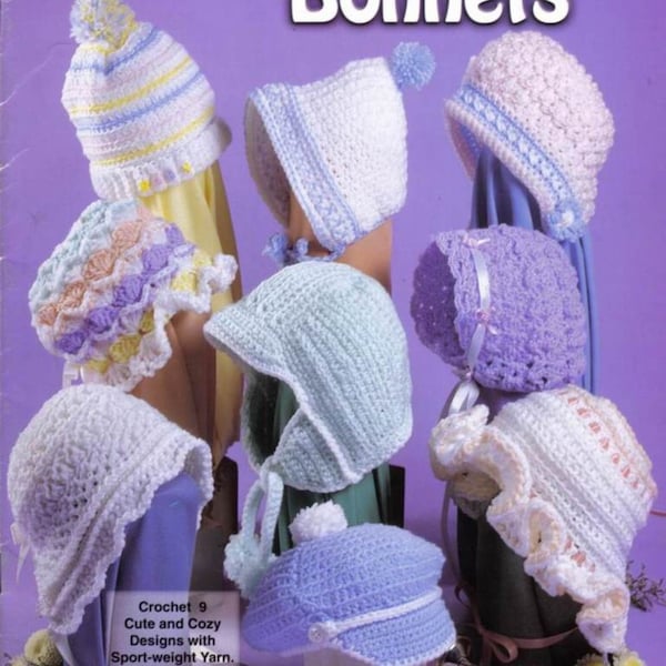 9 Crochet Baby Infant Bonnets Hats Caps Patterns Pdf Instant Download 3 to 6 Months