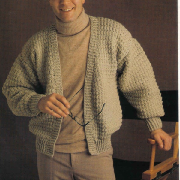 Vintage Mens Crochet Cardigan  Sweater Pattern Pdf Instant Download DK 40" 44"  46" Chest