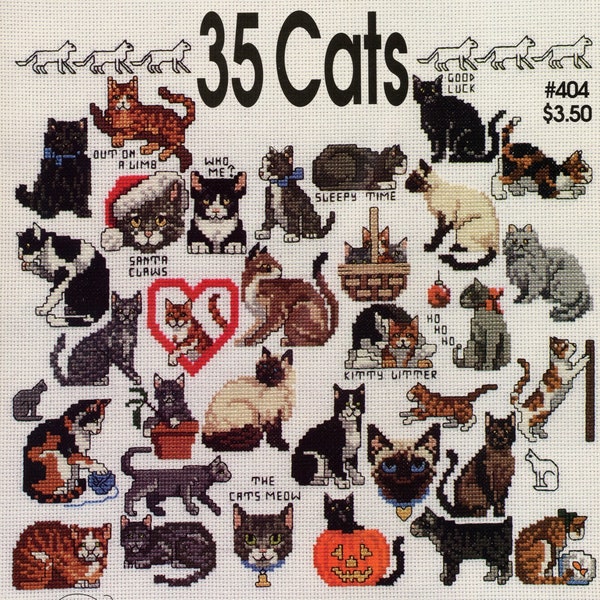 Vintage 35 CATS Mini Cross Stitch Easy Embroidery Needlepoint Design Gift Idea Animals Cross Stitch Sampler