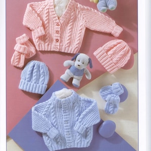 CUTE Baby Cardigan Hat Mittens Set Knitting Pattern DK Pdf Instant Download Easy  12-22 " chest