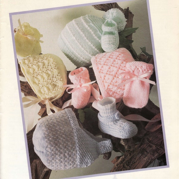 PDF CUTE  Baby Helmets Bonnets Bootees Mittens Socks 4 Ply 4 Ply  Set Knitting Pattern Instant Download 0-18 months