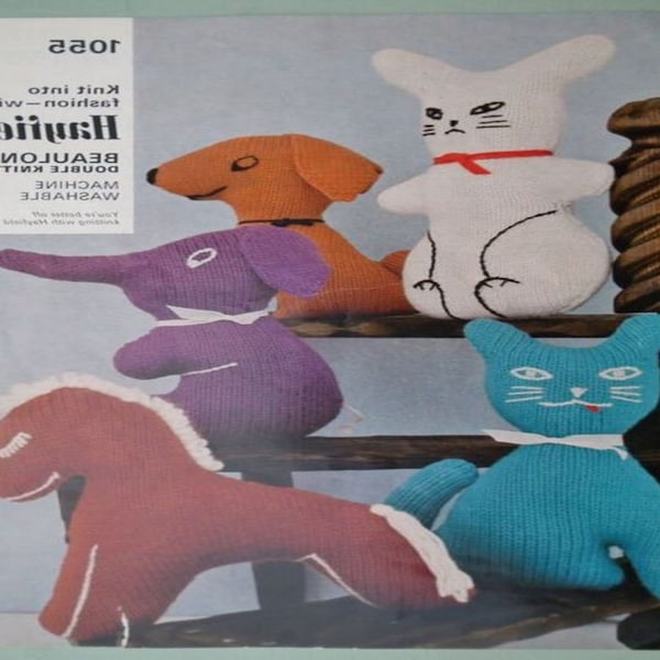 ALMOST FREE Vintage Knitted Toys Patterns Set Pdf Instant Download Rabbit Cat Dog Elephant Horse Hayfield 1055