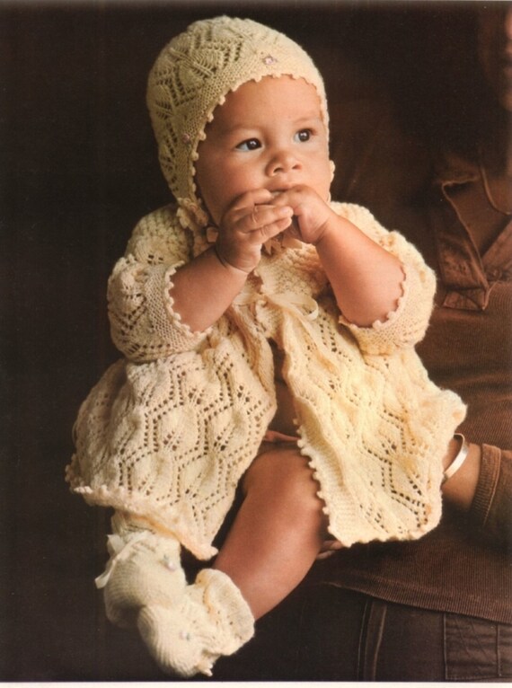 CUTE Baby Laurel Set 3 Ply Coat Bonnet Bootees Knitting And.