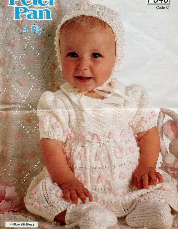 CUTE Vintage Ply Baby Dress Bonnet Bootees Shawl Knitting Pattern PDF  16-20 inch chest