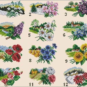 ADORABLE Vintage FLOWERS  Landscapes  12 Cross Stitch Patterns Set Pdf Instant Download Mini Cross Stitch Easy Embroidery Needlepoint Design