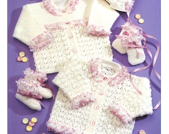 CUTE Baby Girl Knitting Pattern Lacy Cardigan Bonnet Mittens Bootees Pdf Instant Download 16-24 "