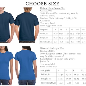 Op de afbeelding: Maattabel voor de Gildan 2000 Unisex Ultra Cotton Tee en de Gildan 64000L Women's Softstyle Tee. De tabel toont de breedte, lengte en mouwlengte in inches voor elke maat, van S tot 5XL.