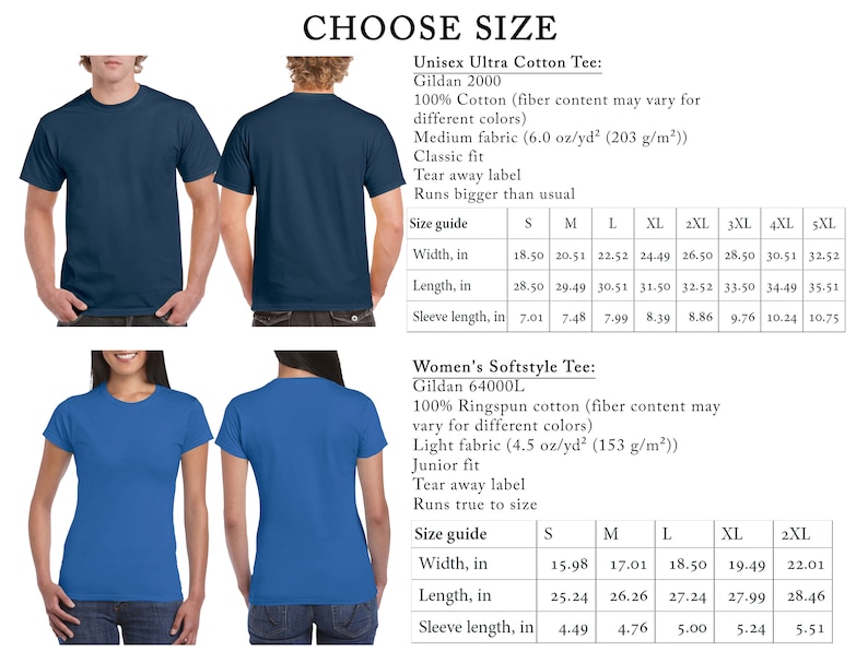 Op de afbeelding: Maattabel voor de Gildan 2000 Unisex Ultra Cotton Tee en de Gildan 64000L Women's Softstyle Tee. De tabel toont de breedte, lengte en mouwlengte in inches voor elke maat, van S tot 5XL.