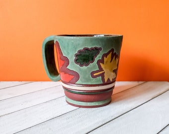 Green Matte with Glossy Fall Leaf Coffee Cup, Handmade Autumn Multicolor Leaves Ceramic Mug