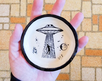 Large Black and White Alien and UFO Decal Ceramic Tray, Handmade Space Decor Ceramic Dish