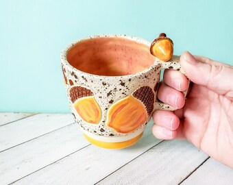 Cream Speckled Ceramic Coffee Cup with Acorn Details, Handmade Clay Fall Autumn Acorn Mug